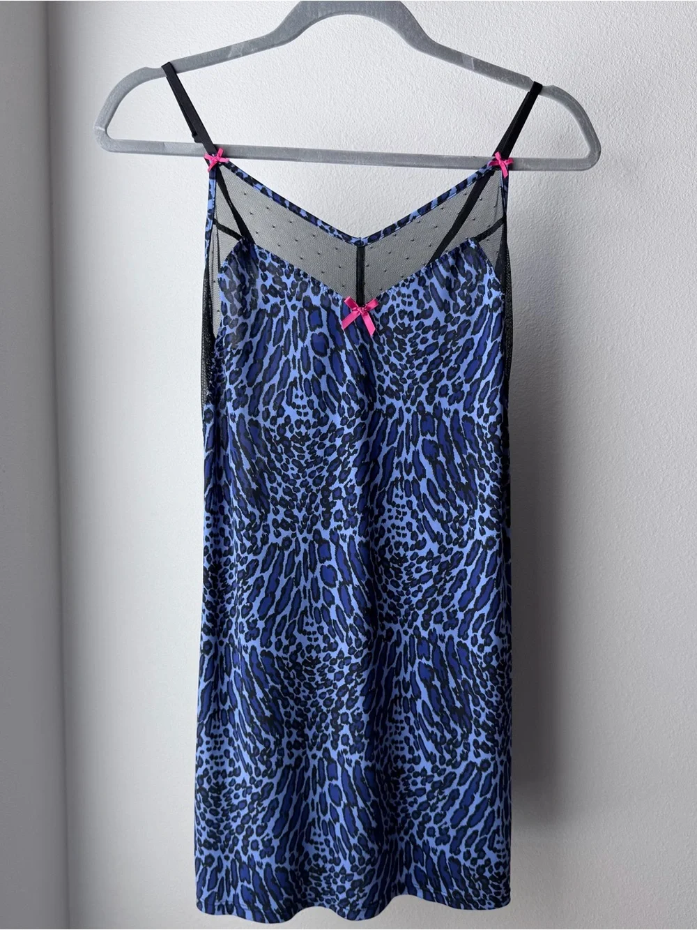 Betsey Johnson Blue Leopard Satin Chemise with Pink Bow Accents
